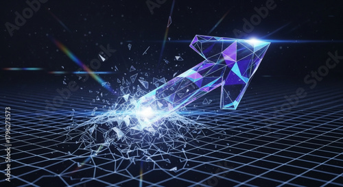 An abstract blue arrow pointing upwards, breaking through a grid, symbolizing growth, progress, and success in a futuristic and dynamic way