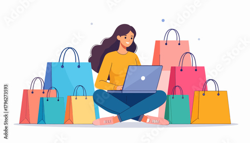 Relaxed young woman embracing the convenience of online shopping, happily surrounded by a colorful pile of new purchases, symbolizing modern e-commerce success
