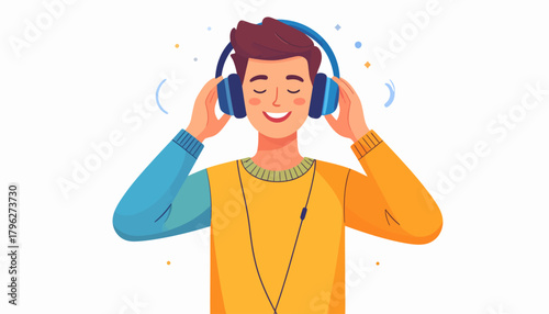 Happy man listening to music with headphones, enjoying sound waves, vector illustration for audio concept