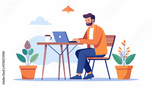 Man Working Remotely at Cafe Illustration | Freelance Lifestyle