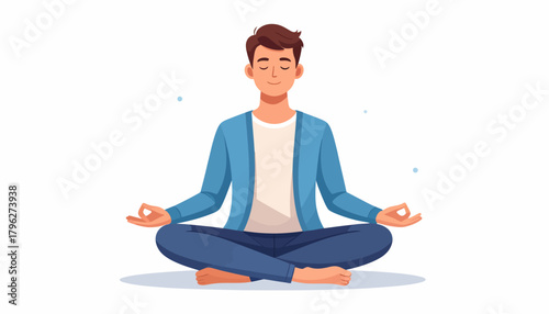 Serene young man embracing mindfulness meditation, finding inner peace and mental tranquility through a relaxed lotus pose, promoting overall well-being and stress relief