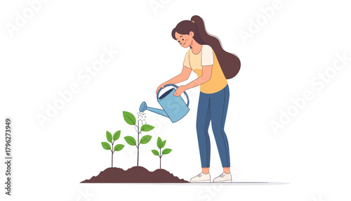 Woman nurturing plants with watering can in a garden, illustrating growth and care concepts