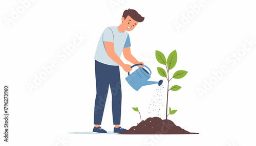 Illustration of a young man diligently watering a small plant, embodying the concept of nurturing growth, environmental responsibility, and a sustainable future