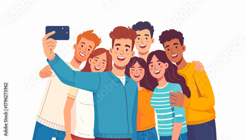 A joyful and diverse group of young friends captures a precious moment together, smiling brightly while taking a happy smartphone selfie, embodying companionship and shared happiness