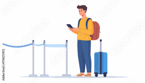 Traveler using phone, waiting at airport with luggage, enjoying vacation, exploring destination