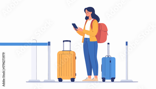A young woman patiently waits with her luggage at what appears to be a check-in counter or security line, holding her phone