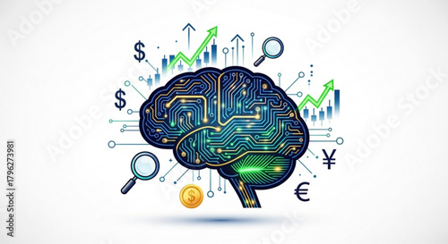 Brain circuit board with financial symbols representing artificial intelligence in finance and machine learning