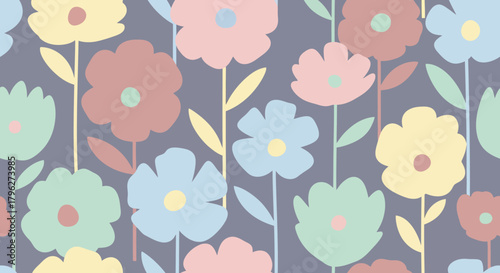 Seamless floral pattern design featuring stylized pastel flowers on a muted background offering a