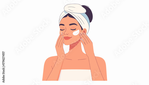 Woman Practicing Self-Care with Daily Skincare Routine, Gently Applying Face Moisturizer for Healthy and Radiant Skin After a Relaxing Bath