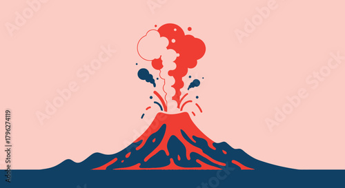 Stylized Volcano Eruption Illustration in Red and Blue on a Light Pink Background