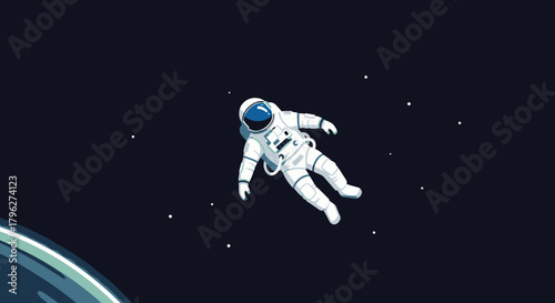Astronaut floating in deep space near a planet with stars minimal style drawing