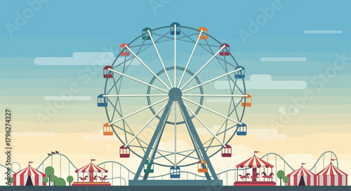 Vibrant Ferris Wheel and Amusement Park Scene: A Nostalgic Illustration of Joy and Fun