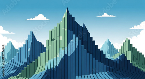 Abstract mountain range illustration with blue and green hues, showcasing a stylized landscape under a bright sky with fluffy clouds, creating a serene and modern vista