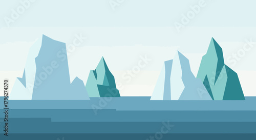Serene Arctic Landscape: Minimalist Icebergs Floating in Calm Waters Depicting Global Warming