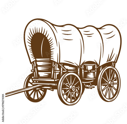 Classic covered wagon illustration depicting pioneer era transportation for western themes