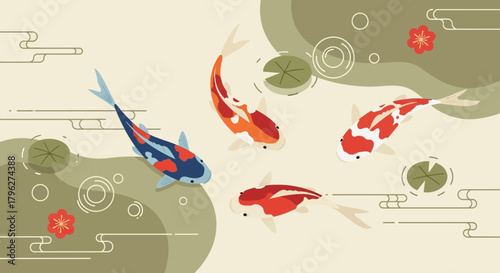 Elegant koi fish pond with lily pads, flowers and water circles illustration