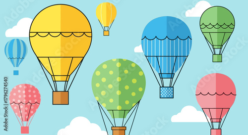 Colorful hot air balloons floating in a whimsical sky creating a joyful atmosphere illustration