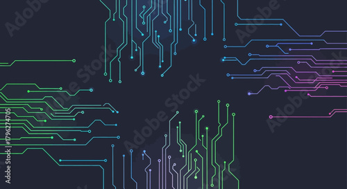 Abstract circuit board design with vibrant colors representing technology and connectivity