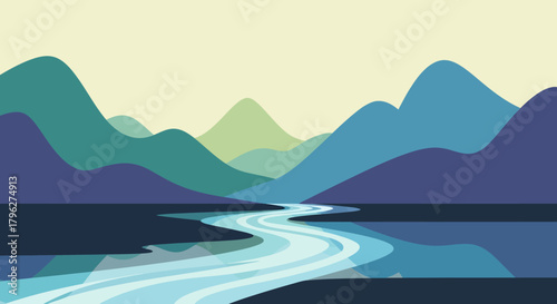 Serene Mountain Landscape with Flowing River and Reflections in Minimalist Style