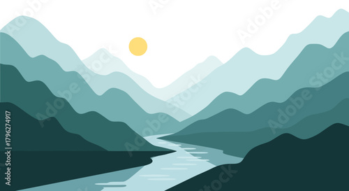Minimalist landscape illustration of mountain ranges with river and sun creating a serene atmosphere