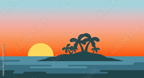 Silhouette of a tropical island with palm trees at sunset with vibrant colors perfect for vacation