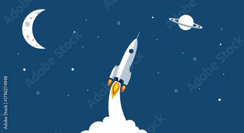 Stylized Cartoon Rocket Launching into Space under the Moon and Saturn Illustration