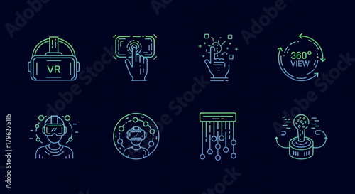 Virtual reality technology icons with vr headset, hand interaction, 360 view, avatar, data stream, and joystick, all in a modern blue and green gradient design on dark background