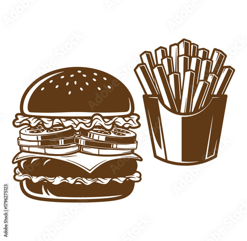 Delicious brown illustration of a classic burger and crispy french fries on white background