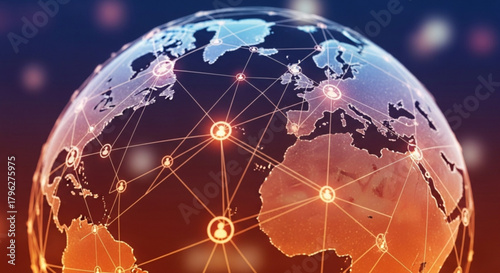 Global network connection concept showing a digital earth with interconnected nodes representing people, businesses, and data points for worldwide communication