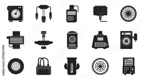 Set of black and white silhouette icons of various industrial and mechanical equipment for engineering and manufacturing themes