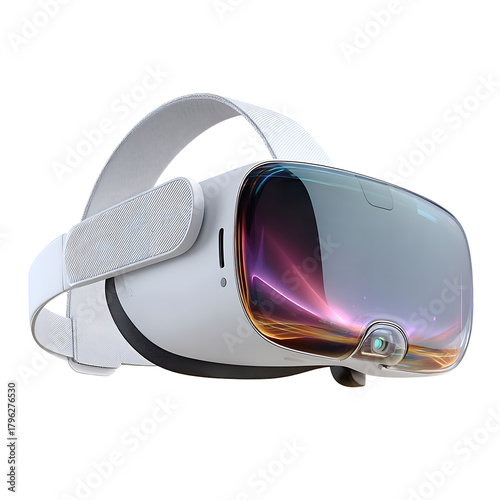 Modern white virtual reality headset with colorful reflections on lenses and fabric strap. 3D rend