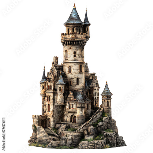 Wallpaper Mural Intricate stone castle with multiple towers and turrets perched on a rocky cliff. detailed medieva Torontodigital.ca