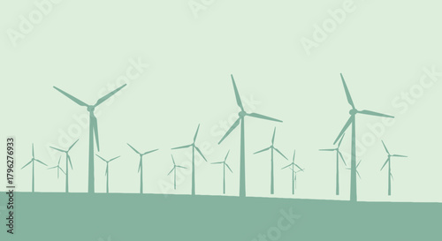 Wind farm landscape with energy turbines, creating sustainable and clean power silhouette against