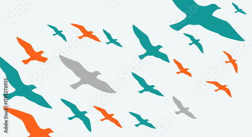 Birds in Flight: Teal, Orange, and Gray Silhouettes Against a White Background