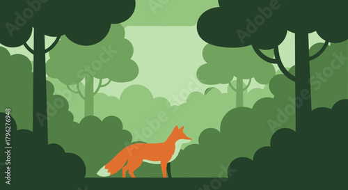 Stylized illustration of a fox in a dense green forest landscape creating a serene ambiance