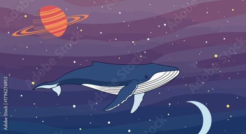 Whale swimming in space with a planet and a moon creates a dreamy scene