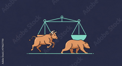 Illustration of a bull and bear on a balanced scale, symbolizing market equilibrium and the interplay of bullish and bearish forces in financial markets