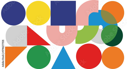 Abstract geometric composition with circles squares triangles and semicircles shapes on white