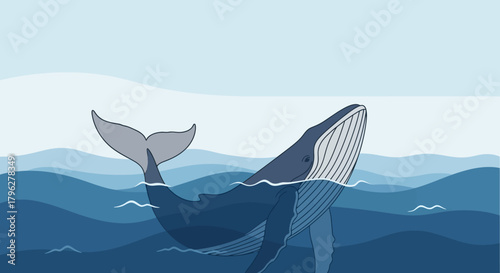 A majestic blue whale breaching the ocean surface in a serene seascape illustration