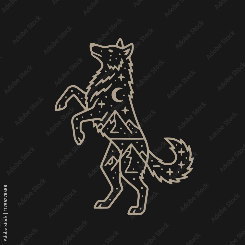 Fototapeta premium Stylized illustration of a wolf standing on its hind legs, filled with a celestial landscape of mountains, stars, and a crescent moon.