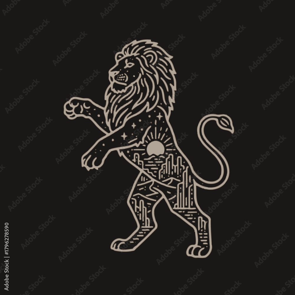 Fototapeta premium Stylized line art illustration of a rampant lion with a desert, city skyline, and starry sky integrated into its body, on a dark background.