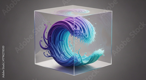 A captivating 3d render showcases a vibrant, swirling wave of blue and purple hues encapsulated within a transparent cube, set against a soft gray backdrop, exuding modern artistry