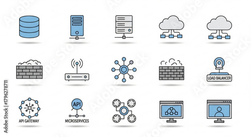 Set of network and server icons depicting database, server, cloud computing, firewall, router, load balancer, api gateway, microservices