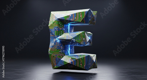 A futuristic 3d letter e with a circuit board texture and blue neon accents, representing technology and innovation a modern and eyecatching design element
