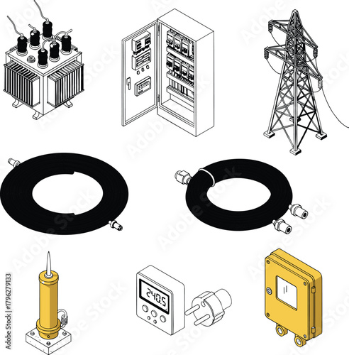 Isometric illustration of electrical transformer, power distribution panel, transmission tower, cables, sensors, and industrial components for energy and engineering visuals