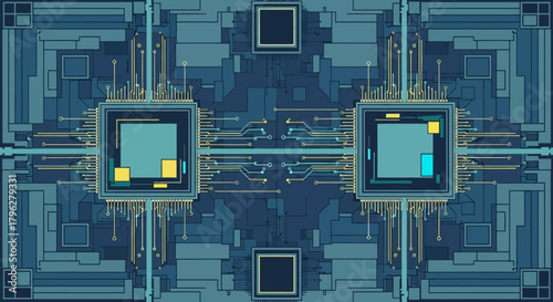 Sophisticated technology blueprint representing microchips and circuit boards connection