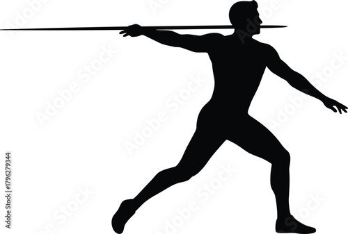 Javelin throw athlete silhouette, track and field sport figure, male throwing javelin, athletics competition design, strength training, Olympic sports vector illustration