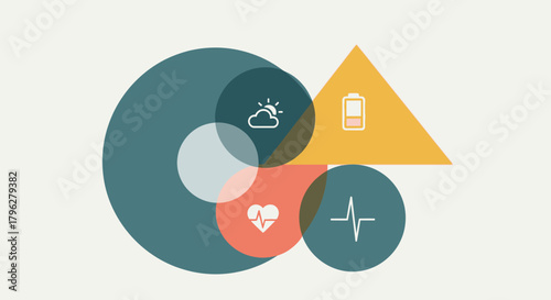 Geometric design showcasing diverse icons related to health and environment topics and wellness