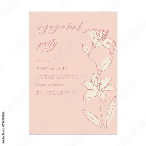 Engagement party invitation template with large, continuous single-line drawings of lilies on the right side on a soft pink background