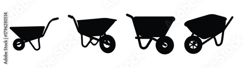 Four silhouette wheelbarrows varying in size and design for gardening and construction projects